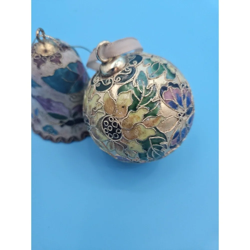 Vintage Cloisonné Enamel Christmas Ornaments, Floral and Butterfly Motif.